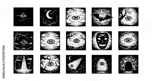 Spooky black and white gothic halloween art with eyes and creatures