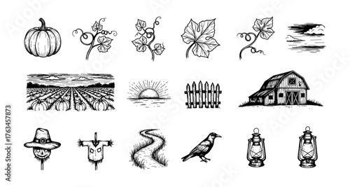 Rustic farm elements with pumpkins and vintage scenes in black and white