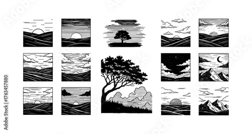 Abstract nature landscape collection with tree and mountain silhouettes in vintage black and white style