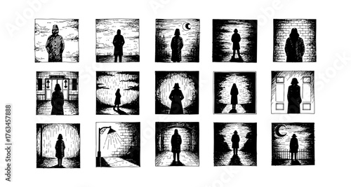 Mysterious silhouette series: noir figures in atmospheric settings