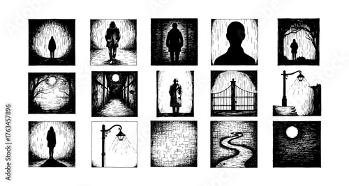 Moody black and white ink art featuring solitary figures and night scenes