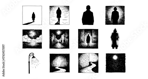 Eerie shadows and silhouettes in black and white ink art style
