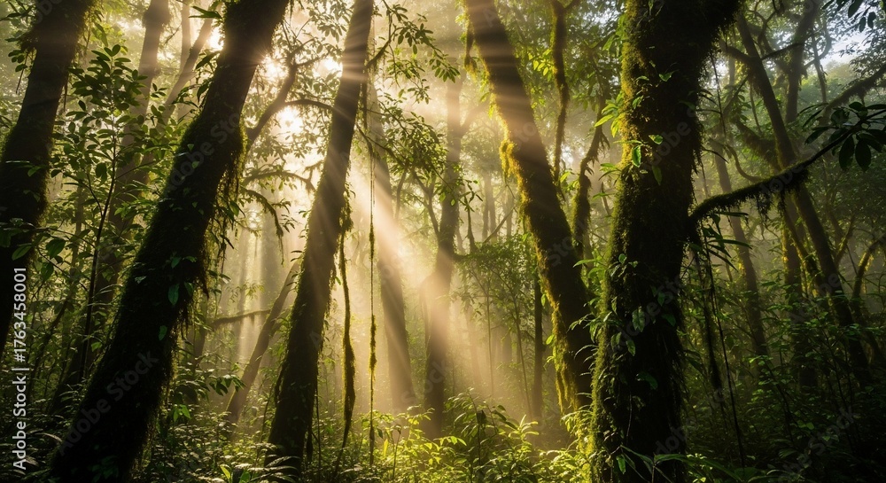 Naklejka premium Sunlight through dense forest trees canopy