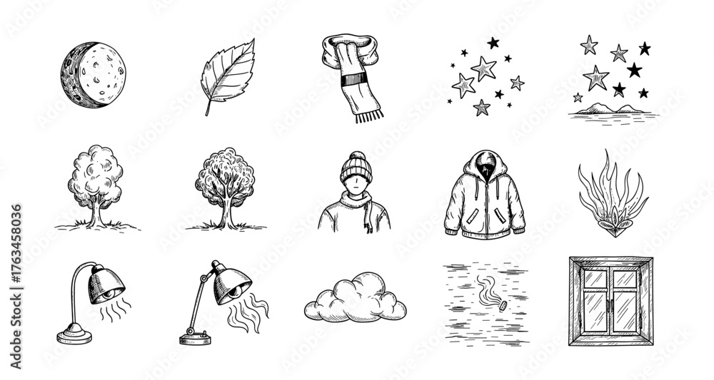 Fototapeta premium Hand-drawn winter and nature icons with cozy elements and celestial themes