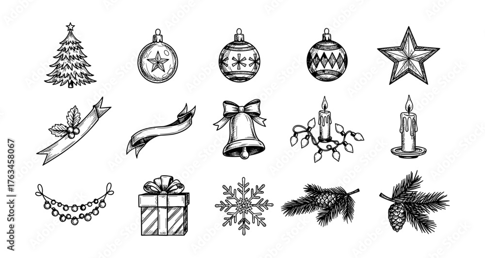 Fototapeta premium Hand drawn christmas elements collection with ornaments and festive icons