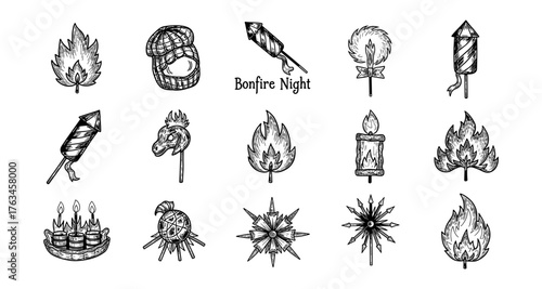 Fireworks and flames: hand-drawn bonfire night elements collection