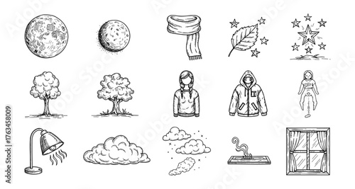 Hand-drawn seasonal elements: moon, trees, clothing, and stars collection
