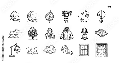 Hand drawn cozy winter elements with nature and astronomy icons