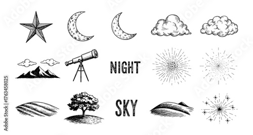 Vintage night sky elements with stars, moons, and telescopes in sketch style
