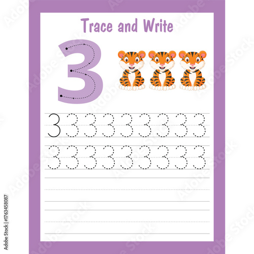 Trace and write number worksheet for kids three