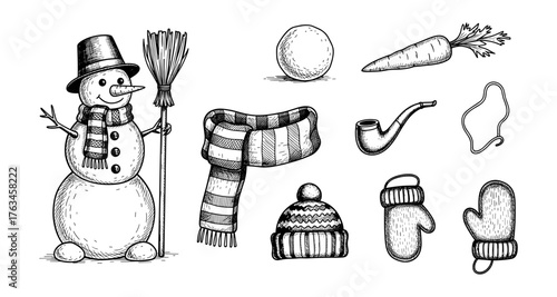 Hand drawn snowman and winter accessories with scarf, hat, and mittens