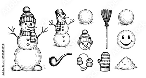 Charming hand-drawn snowman elements: cozy winter doodles and accessories collection