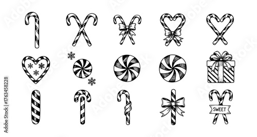 Hand-drawn candy cane set with bows and snowflakes for festive decoration