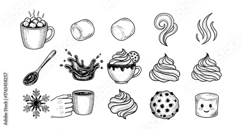 Hand drawn hot chocolate, marshmallows, and cookie elements for cozy winter designs