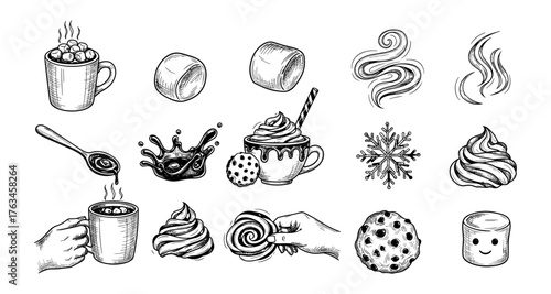 Hand-drawn winter treats set: hot cocoa, marshmallows, and whipped cream elements