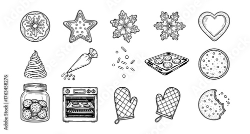 Hand-drawn cookie and baking elements with holiday designs