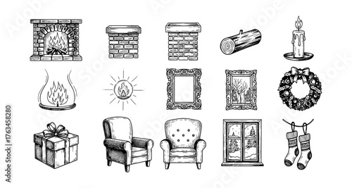 Hand-drawn fireplace elements and cozy winter decor icons set