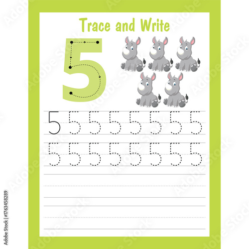 Trace and write number worksheet for kids five