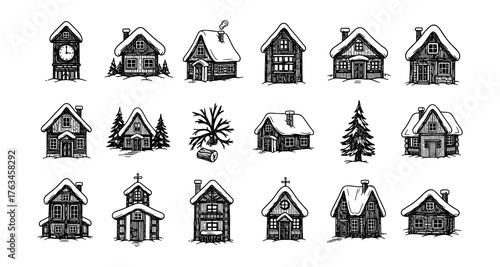 Charming snow-covered winter cottages in vintage sketch style for holiday designs