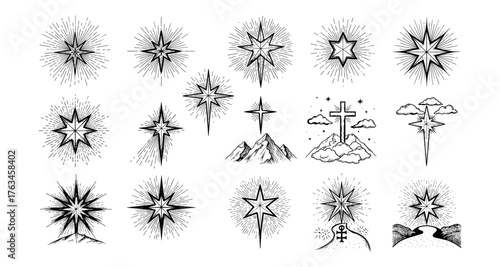 Hand-drawn christian symbols with stars and crosses in vintage style