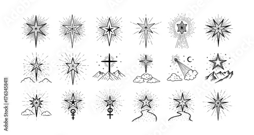 Vintage celestial stars with cosmic symbols and mountain elements