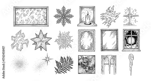 Hand drawn winter elements collection featuring windows, snowflakes, and candle designs