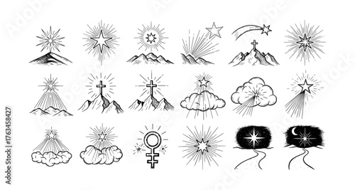 Hand drawn celestial and nature elements with stars, mountains, and clouds