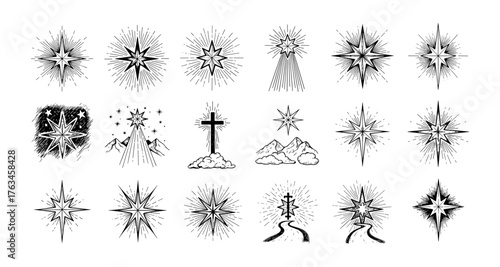 Hand-drawn starburst and cross illustrations with mountain elements