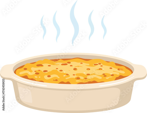 A steaming casserole dish filled with a golden-brown baked dish, emitting wisps of steam.
