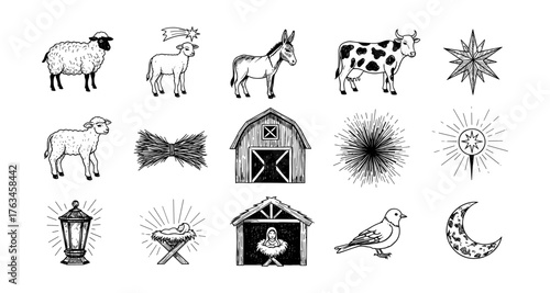 Rustic nativity scene with farm animals and celestial elements in ink style