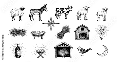 Hand-drawn nativity elements and farm animals in vintage style