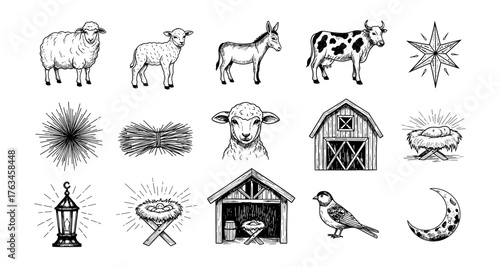 Vintage farm animal and barnyard elements set with star and crescent