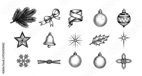 Hand drawn christmas elements set: bows, bells, and baubles in vintage style