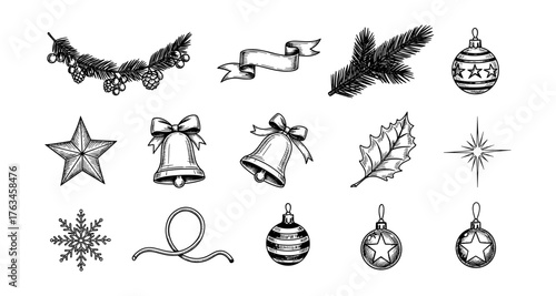 Vintage christmas elements with bells, ornaments, and pine cones