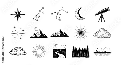 Celestial and nature elements in vintage hand drawn style