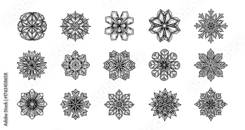 Geometric snowflake designs in intricate line art for winter decorations