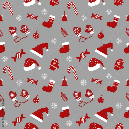Seamless pixel art pattern of Santa hats, gloves, socks, and candy, perfect for holiday decoration.