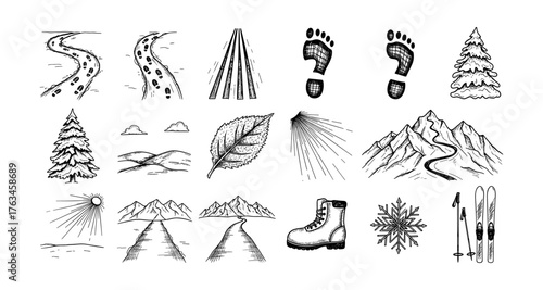 Hand-drawn winter elements with mountains, trees, and paths for outdoor adventures
