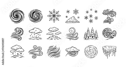 Weather elements collection: hand-drawn storms, snowflakes, and wind illustrations