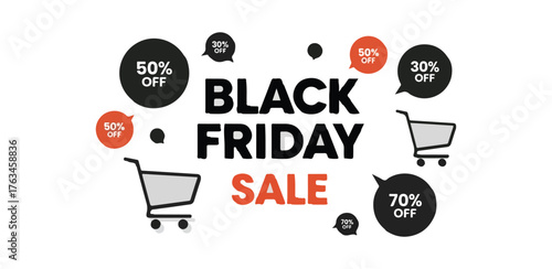 Black friday sale with discount percentages and shopping carts