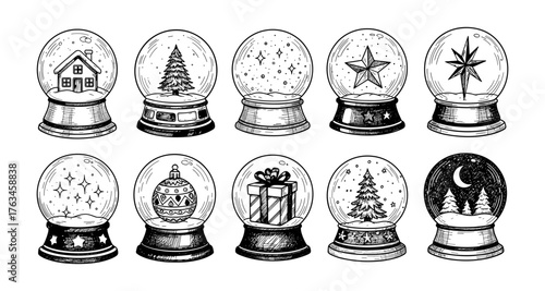 Set of hand drawn winter snow globes with festive holiday designs