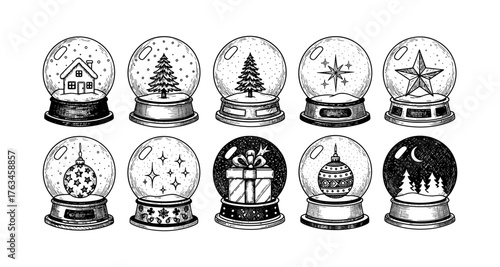 Hand drawn snow globes collection featuring holiday themes and decorations