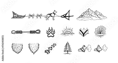 Rustic adventure icons set featuring sled dogs, mountain, and nature elements