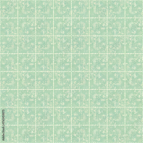 Seamless vintage light green grid pattern with distressed texture and subtle decorative elements.