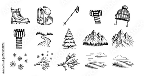 Hand-drawn winter elements: mountains, snowflakes, clothing, and nature