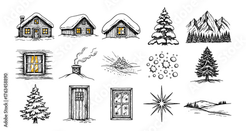 Hand drawn winter elements: rustic cabins, snowy trees, and mountain landscapes