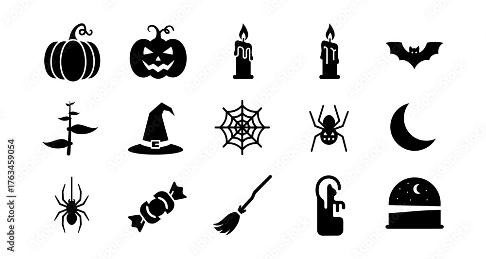 Fototapeta premium Halloween icons: pumpkins, spiders, and moon in bold silhouette style