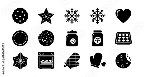Baking icons: cookies, oven mitts, and pastry themes in black silhouette