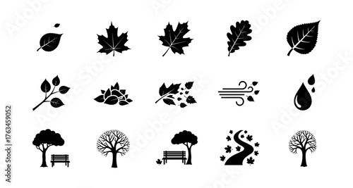 Nature icon set: silhouette trees, leaves, and weather elements with autumn theme