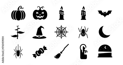 Halloween icons: pumpkins, spiders, and moon in bold silhouette style